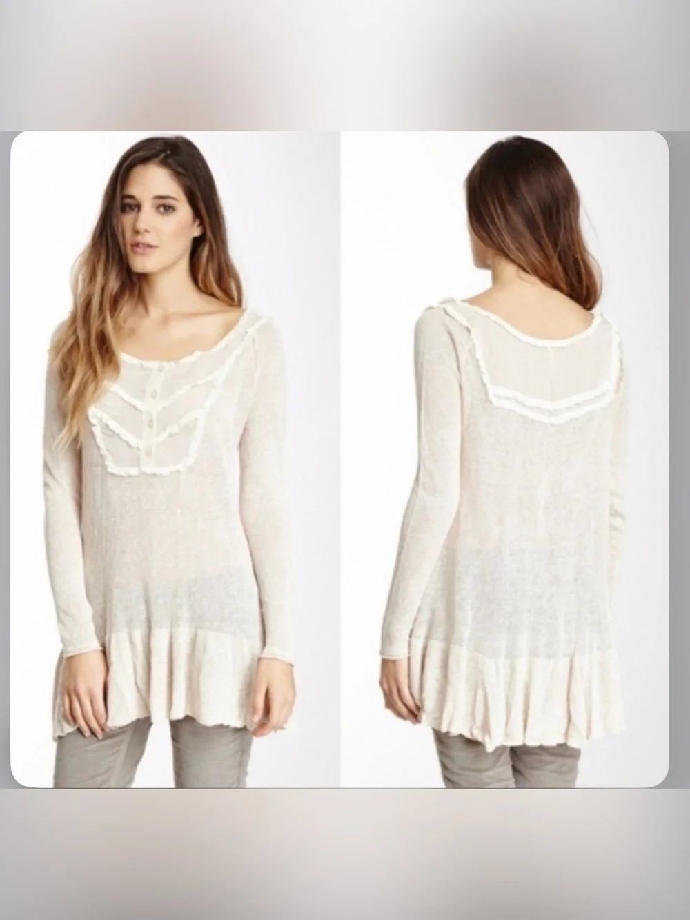 Free People CANDY 100% Linen Cream Ruffle Delicate Knit Peplum Tunic Sweater